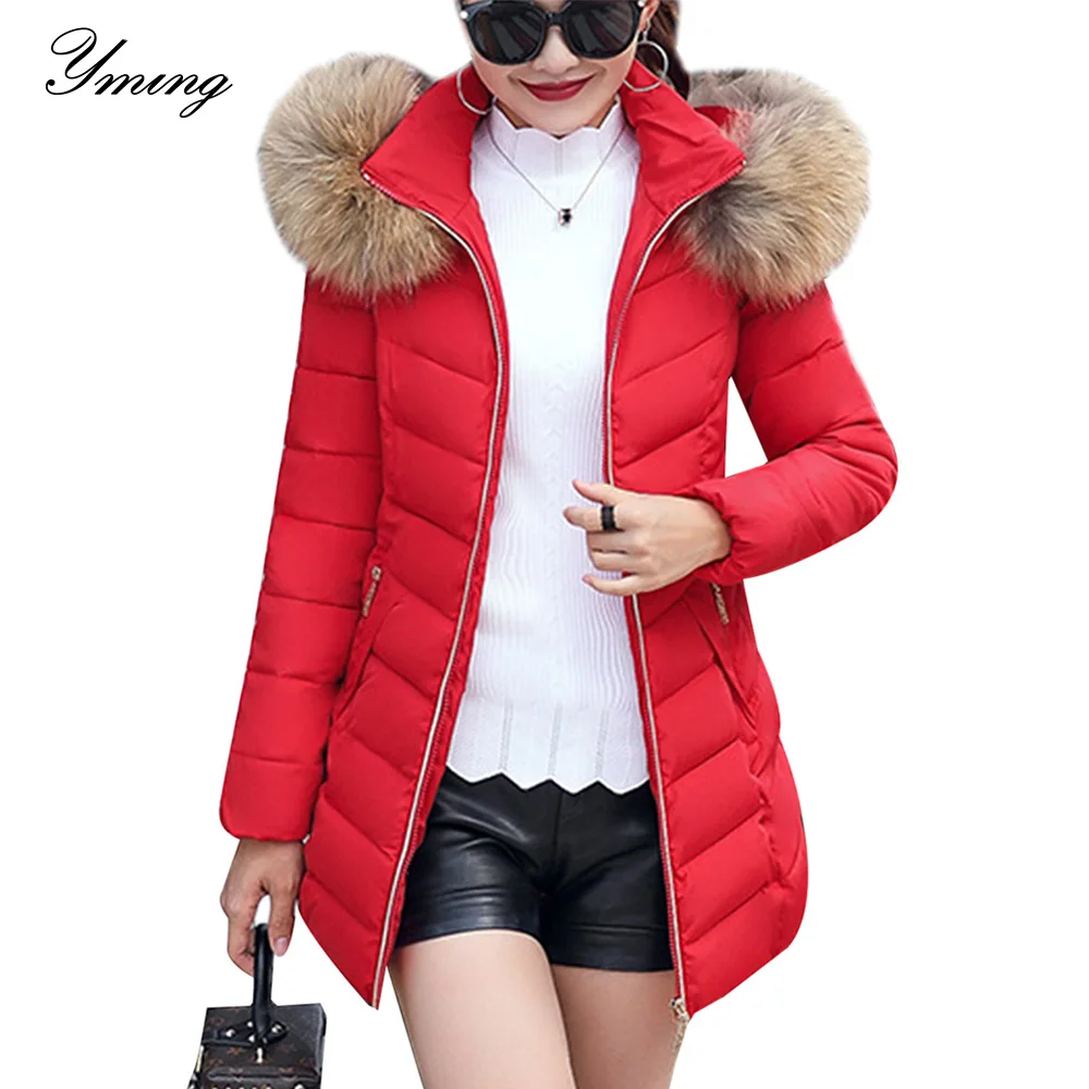 YMING Elegant Winter Down Jacket Long Warm Coat with Fur Collar Inflatable Cotton Parka Hooded Female Outwear Fashion Clothes