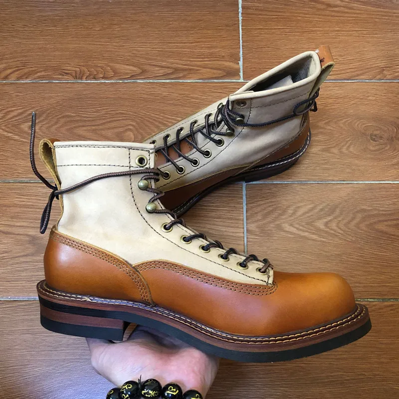 Men Spring Winter Casual Shoes Round Toe Genuine Leather Work Ankle Boots Goodyear-Welted Vintage Military Motorcycle Boots New