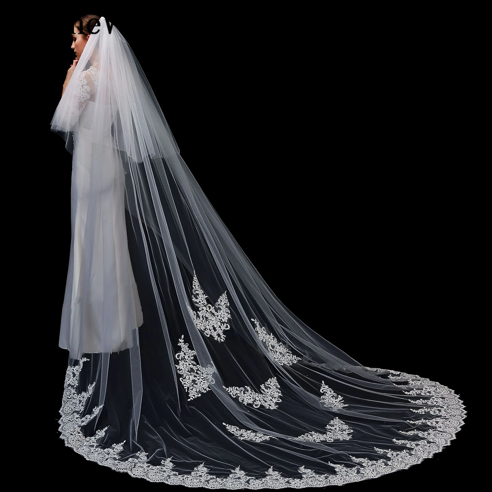 

JaneVini Elegant Long Wedding Veils Ivory Two Layer Cathedral Lace Edge Bridal Veil with Comb Applique Tulle Wedding Accessories