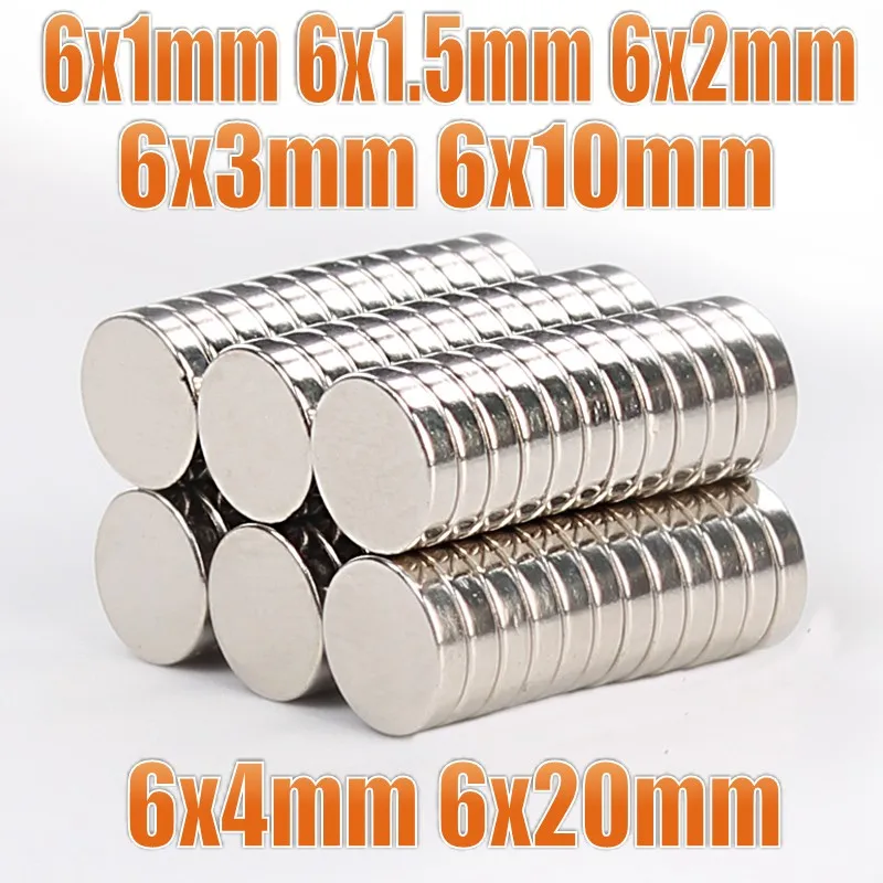 100Pcs Mini Small N35 Round Magnet 6x1 6x1.5 6x2 6x3 6x4 6x10 6x20 mm Powerful Magnet Neodymium Permanent NdFeB Magnets