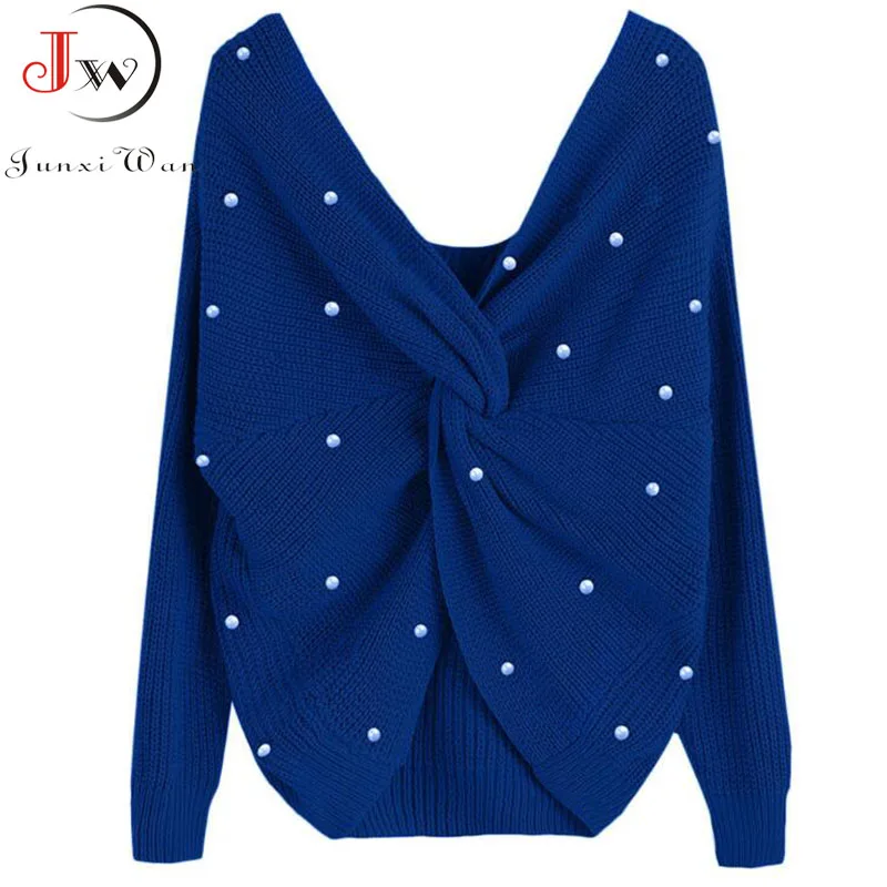 Autumn Winter Fashion Sweater Women Back Criss Cross Beading Knitted Pullovers Jumper Knitwear Soft Warm Pull Femme