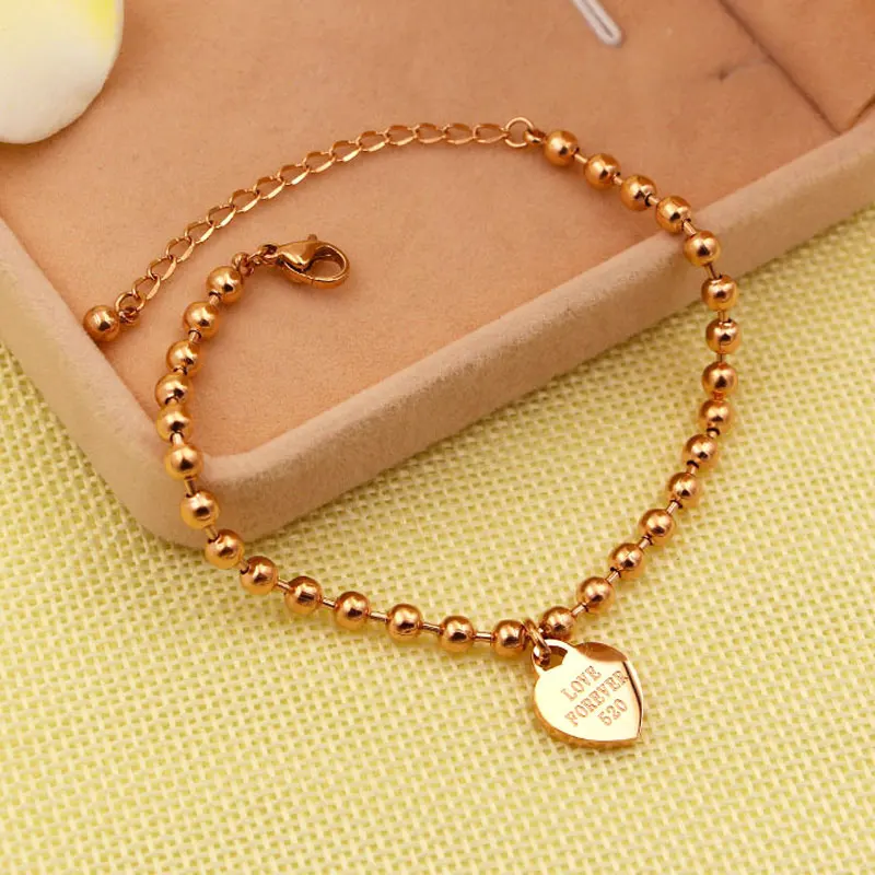 Beaded Chain Engrave Forever Love Heart Charm Anklet For Women Girls Stainless Steel Rose Gold Silver Color Fashion Anklet