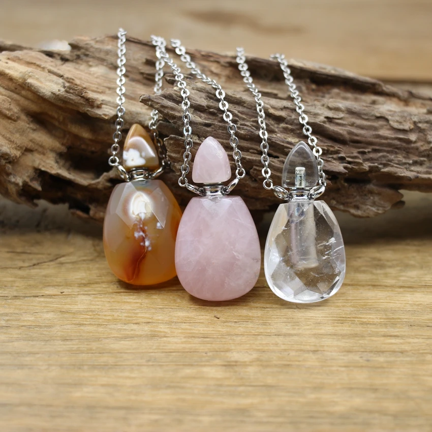 Natural Tiger Eye Rose Quartz Oval faceted Perfume Bottle Pendant Raw Crystal Essential Oil Diffuser Vial Necklace JewelryQC1136