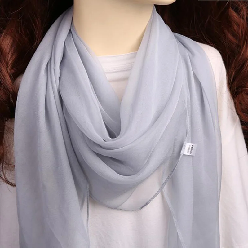 Korean Ultra Thin Solid Color Long Chiffon Neck Guard Silk Scarf Summer Female Soft Gauze Beach Sunscreen Scarve Snood P47