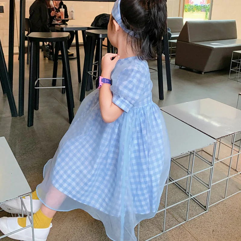 Summer New Girls' Dress Bow Puff Sleeve Lattice Gauze Hazy Princess Dress+Headband Children'S Baby Kids Clothing For Girls