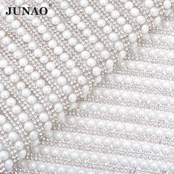 JUNAO 24*40cm Self Adhesive White Pearl Rhinestone Mesh Trim Crystal Fabric Pearl Applique Strass Ribbon for Clothes Jewelry