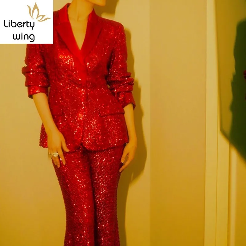 Top Brand Wedding Party Women Red Sequins Blazer Coat Wide Leg Pants Suit Runway Stage Show Formal Outfits Ladies Two Piece Sets