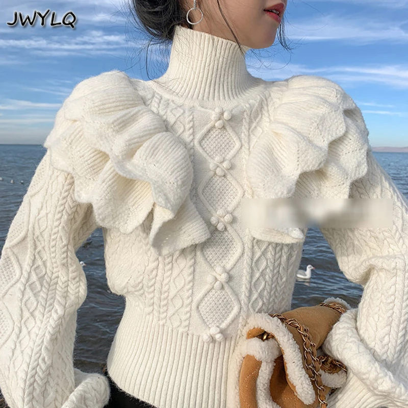 Autumn Winter Women Vintage Pullovers Sweaters 2021 Korean Fashion Turtleneck Long Sleeve Ruffles Elegant Sweater Sueter Mujer