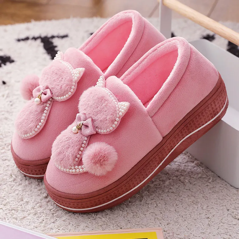 Frauen Winter Warm Plüsch Hausschuhe Damen Indoor Hause Baumwolle Nette katze hausschuhe Weibliche Flache Schuhe Shollow Dicken Heels Spitz