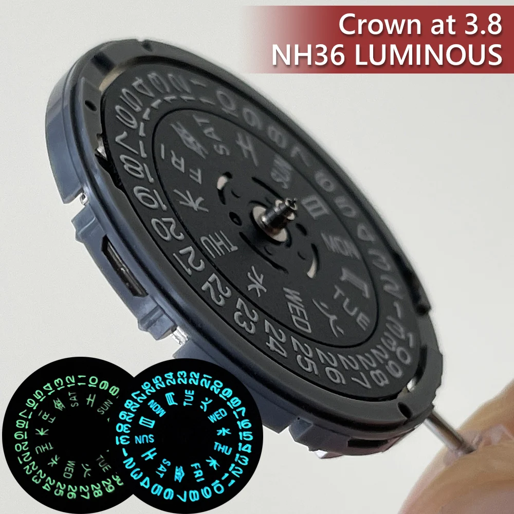 Crown at 3.8 O'clock NH36 Mechanical Watch Movement Super Green/Blue Luminous Datewheel NH36A Black Automatic 24 Jewels Parts