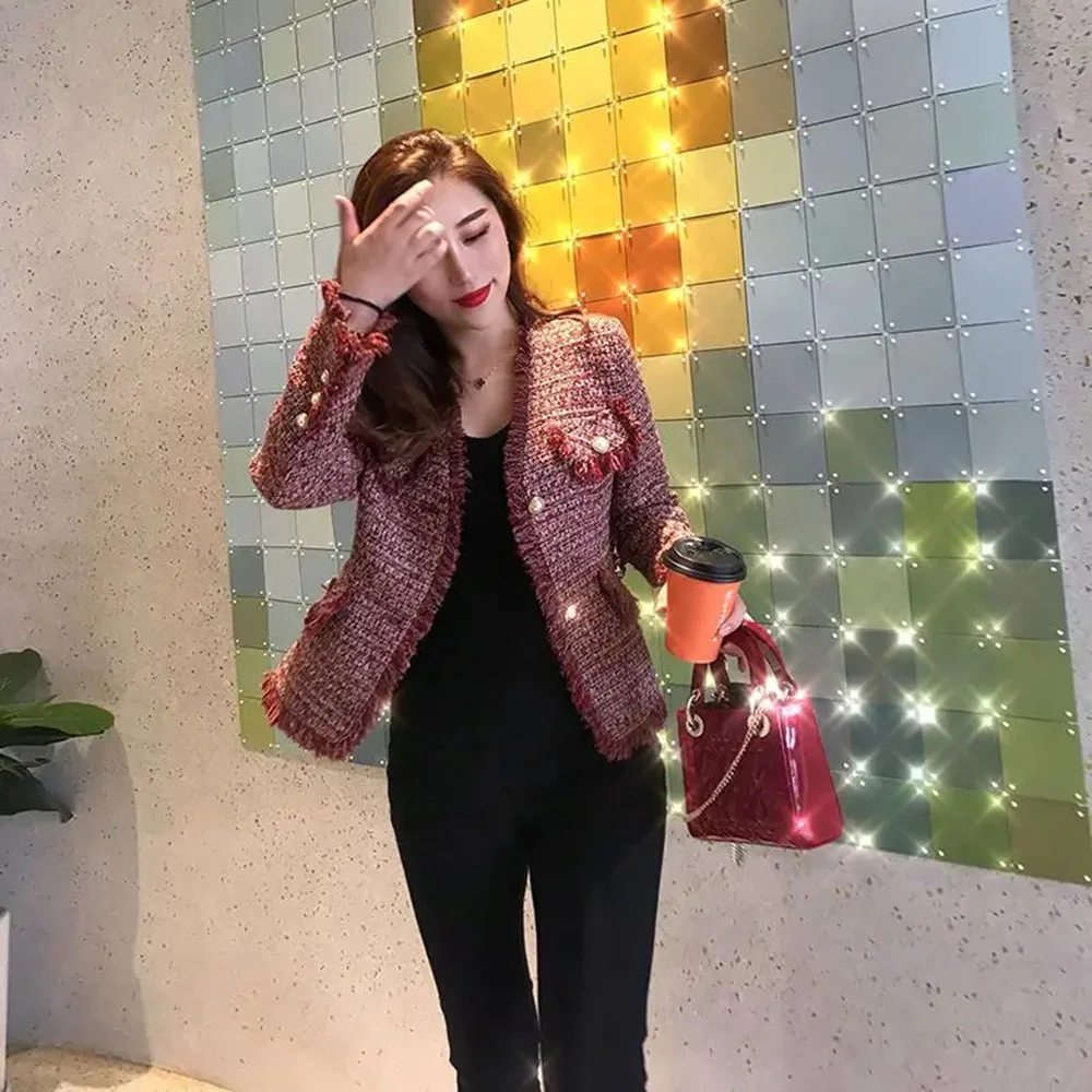 New Women Retro Elegant Red Plaid Office Jacket Coat Autumn Slim Lady Tassel Pearl Metal Single-Breasted Tweed Short Tops Coat