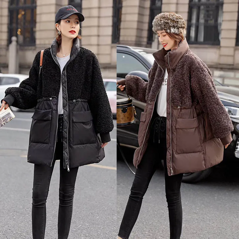 Winter Down Cotton Jacket Women Outerwear Stitching Lamb Wool Coat Thick Warm Fashion Waist Drawstring Overcoat Mother Clothes