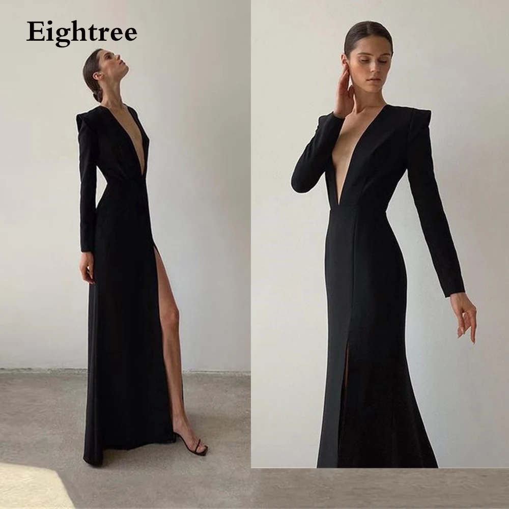 Sexy Black Long Side Split Slit V Neck Evening Party Dress Long Sleeves Mermaid Prom Dresses 2024 Formal Night Gowns Customized