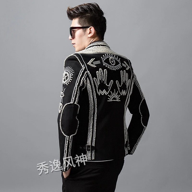 Autumn New Blazer Men Handmade Beaded Rivet Zipper Jacket Korean Personality Embroidery Mens Coat Nightclub Male Singer Costume