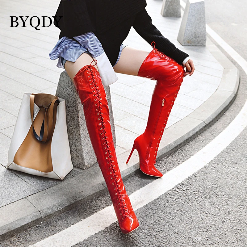 BYQDY Luxury Brand Sexy PU Leather Cross Strap Over the Knee Boots Woman Pointed Toe Bandage Stiletto Heel Long Boots Large Size