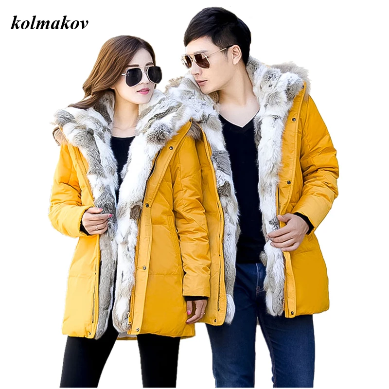 New Arrival Winter Style Men Boutique Down Coat Detachable Rabbit Fur Collar White Duck Down Men's Solid Jackets Plus Size S-5XL