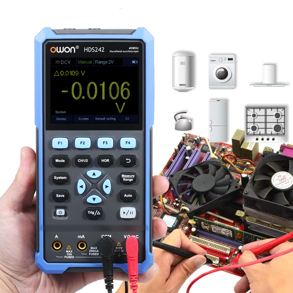 OWON HDS242 HDS272 3-in-1 Handheld Digital Oscilloscope Waveform Generator Multimeter 2CH USB TypeC 40/70MHz 3.5 LCD Test Meter