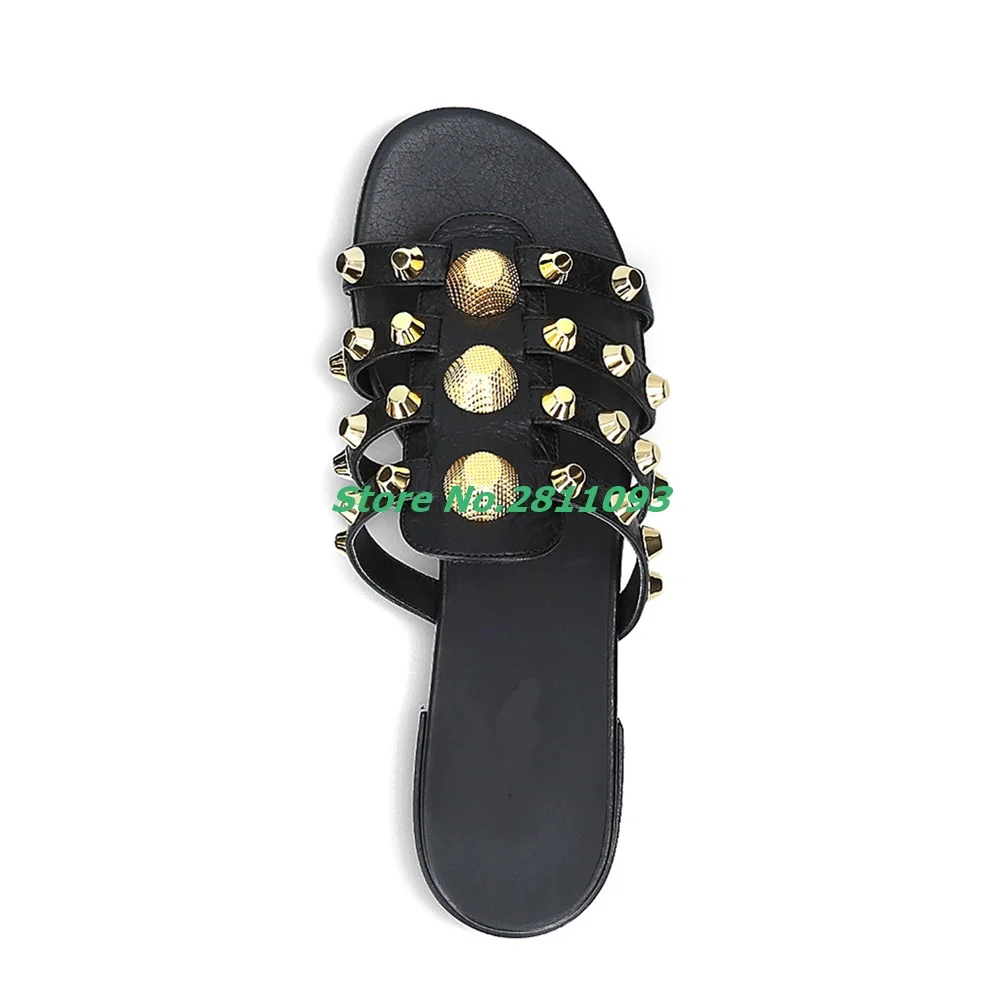 European Rivet Flat With Shoes Slip On Open Toe Fashon Women Slippers Metal Rivet Decor Outdoor  Beach Slides