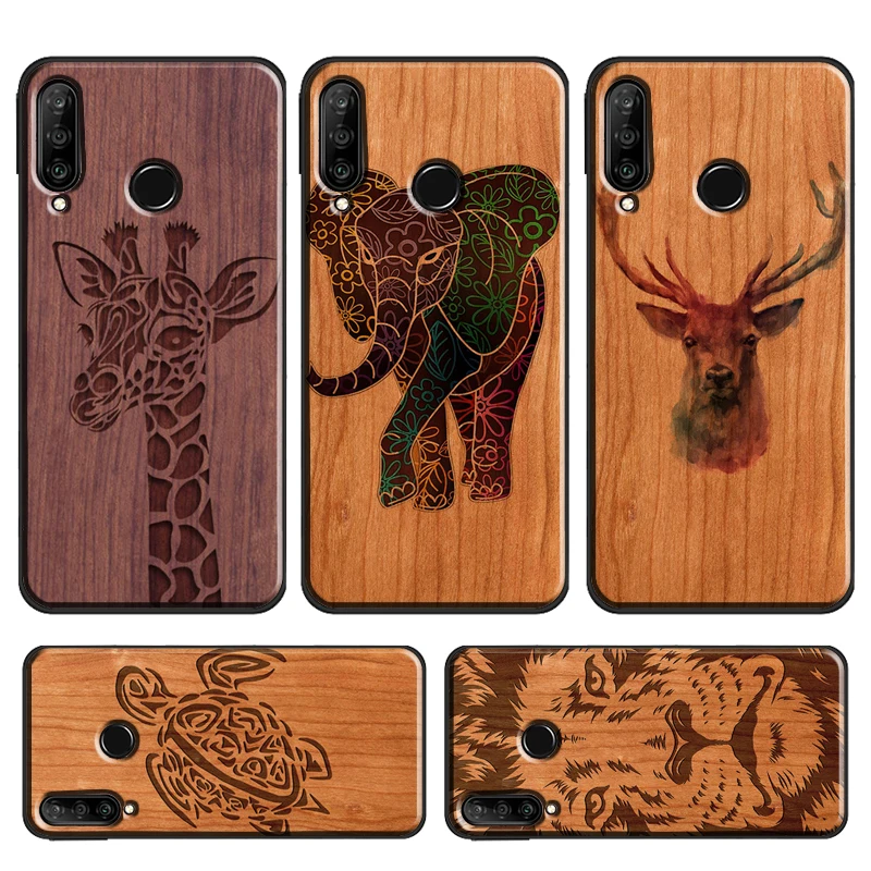 Deer Lion Elephant Wood Animal Case For Huawei P30 Lite P40 P20 Pro P Smart Z 2019 Mate 20 Lite Nova 5T Honor 50 10i 8X 9X