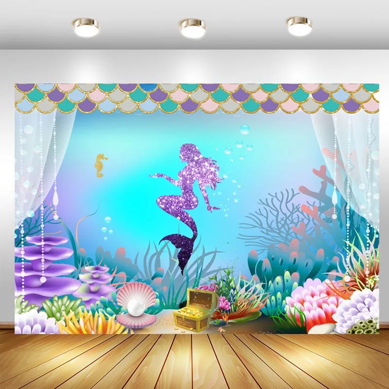 Little Mermaid Backdrop Curtain Under The Sea Girls Happy Birthday Party Custom Photo Background Studio Props Decor Banner