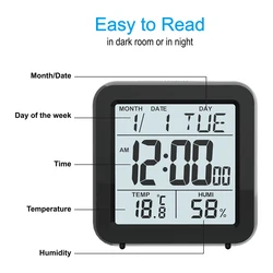 Electronic Desk Snooze Alarm Clock Calendar with Large Digital Bedside Table  Battery Operated  with Thermometer Hygrometer