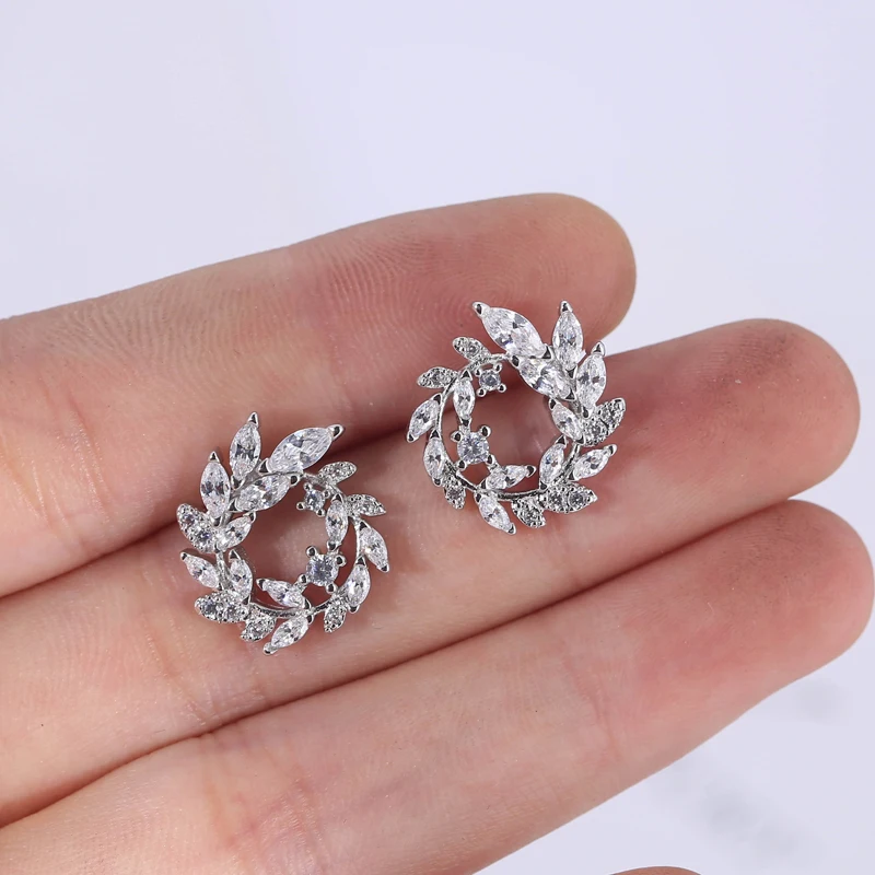 925 Sterling Silver The leaves zircon Stud Earrings For Women  Trend Personality Lady Fashion Jewelry