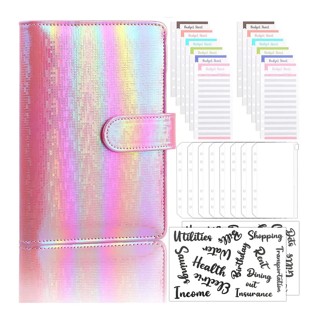 A6 Cash Envelopes Budget Binder System with 8PCS A6 Binder Zippe Pockets,12PCS Expense Budget Sheets, 2PCS Letter Sticker Labels