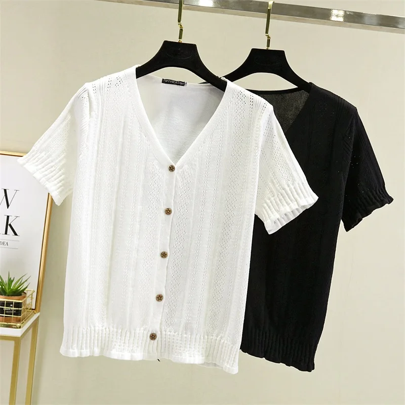 4XL 2024 Summer Cardigan Single Breasted Black White Short Women short Sleeve Loose Caridgan Female Knitted Jacket Women