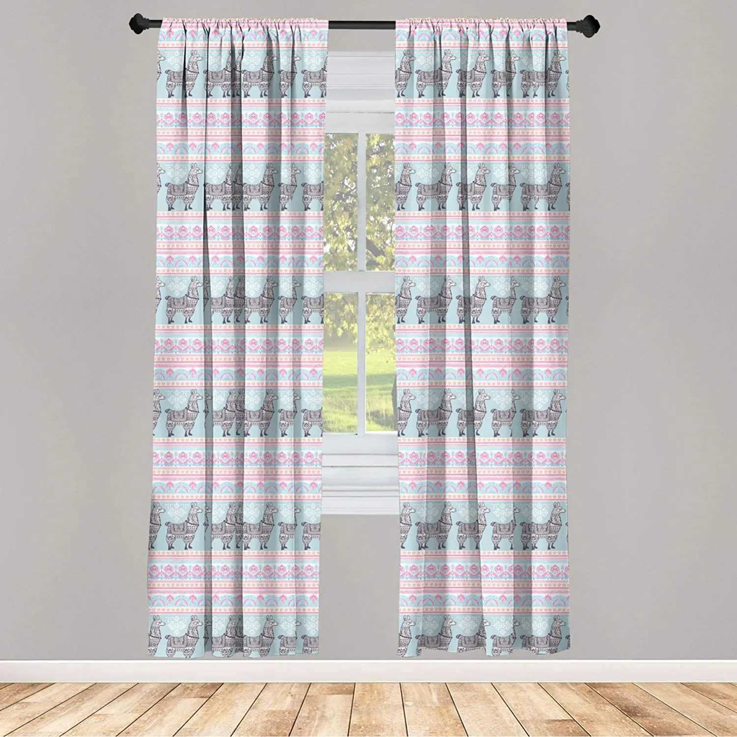 Llama Curtain for Kids Room Horizontal Borders withed Alpaca Animal and Folkloric Ornaments Lightweight Window Drapes