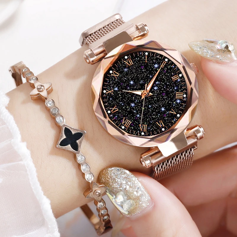 Women's Plush Starry Sky Wristwatches Magnetic Magnet Buckle Quartz Clock Geometric Surface Female Luminous Bracelet Watches