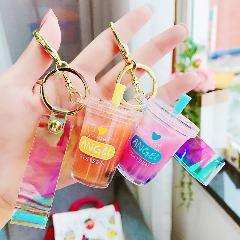 Creative Mini Soft Drink Keychain Milk Tea Beverage Bubble Tea Keyring Moving Liquid oil Drop Decompression Keyfob Jewelry Gift