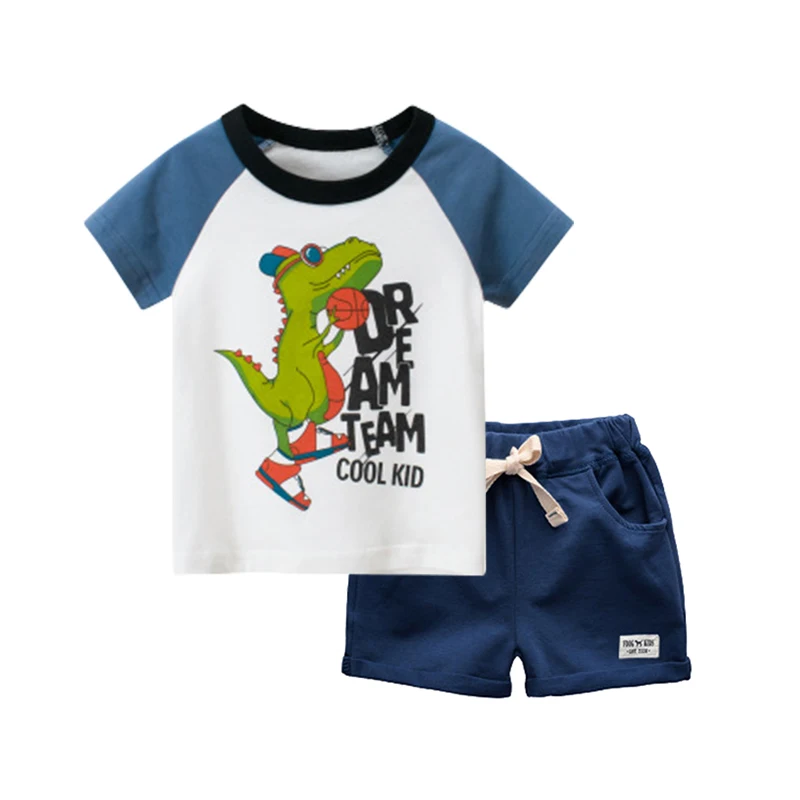 

Summer 2020 Baby Boy Girl Kids Clothing Sets Dinosaur Cartoon Cotton O-neck Short Sleeve T-shirt+Shorts Beach Boys Sports Suit