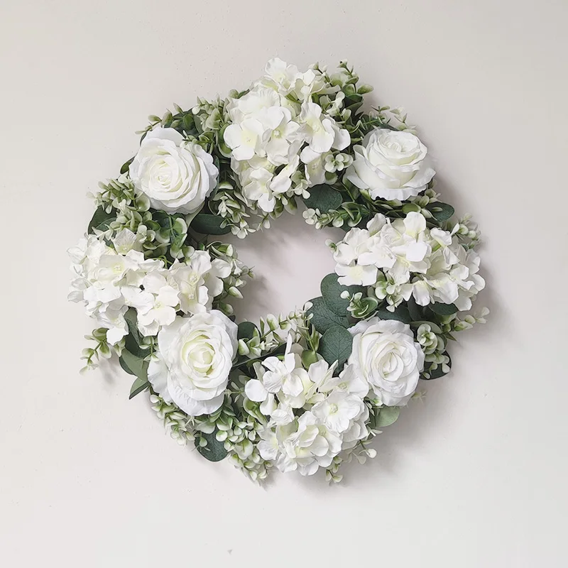 White Hydrangea Green Leaves Eucalyptus Garland Home Decor Artificial Flower Wreath For Wedding Decoration Christmas Ornament - Image 3
