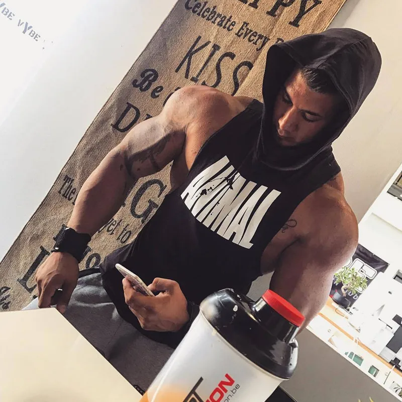 Summer Sleeveless Men\'s Gym Shirt Bodybuilding Fitness Muscle Hooded Tank Tops Run Training 100% Cotton hood Singlet Shirt Tank
