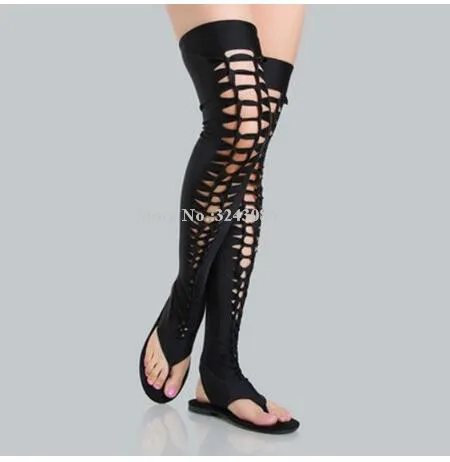 Lady New Elastic Hollow Out Flat Sandals Long Boots Women Fashion Casual Over the Knee Sandals Boots Sexy Thigh High Boots