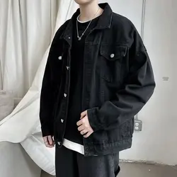 Veste Courte en Denim Noir pour Homme, Jean, Coupe-Vent Décontracté, Poches, Salopette, Bomber, Streetwear, Vêtements d'Extérieur