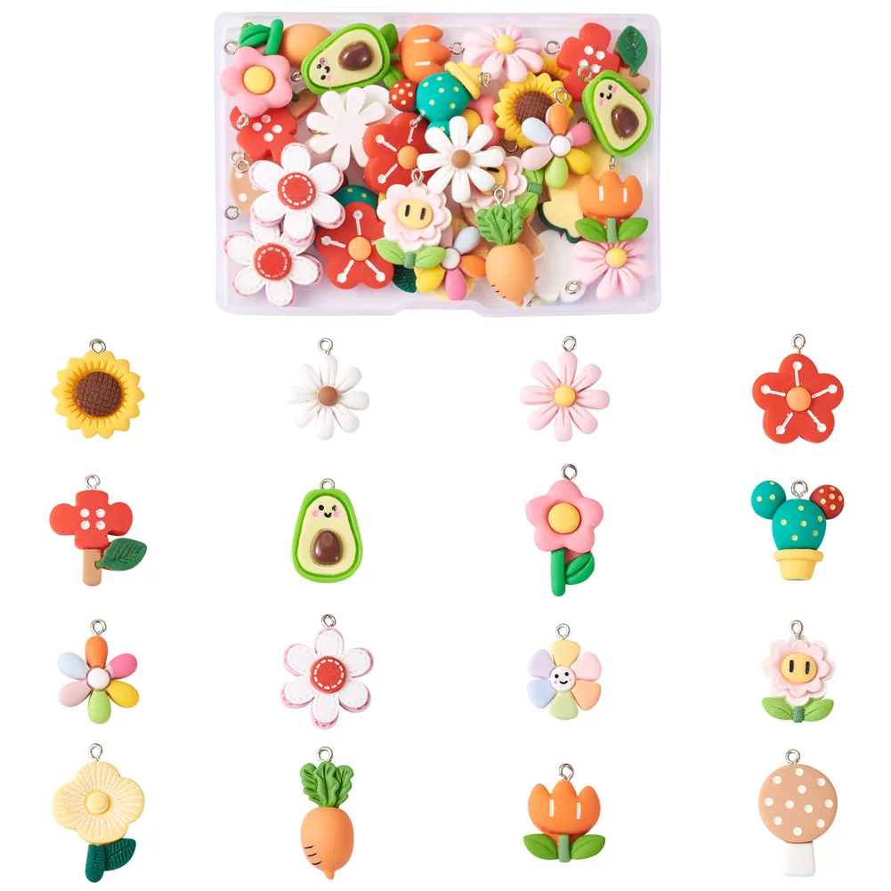 32Pcs Mixed Resin Pendants Sunflower/Mushroom/Carrot/Cactus/Flower Shape Charms For Keychain Necklace Earring DIY Jewelry Making