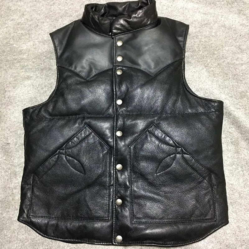 Japan style 2023 winter fashion men genuine sheepskin leather duck down vest coat male jacket clothes sleeveless black xxxl 3xl