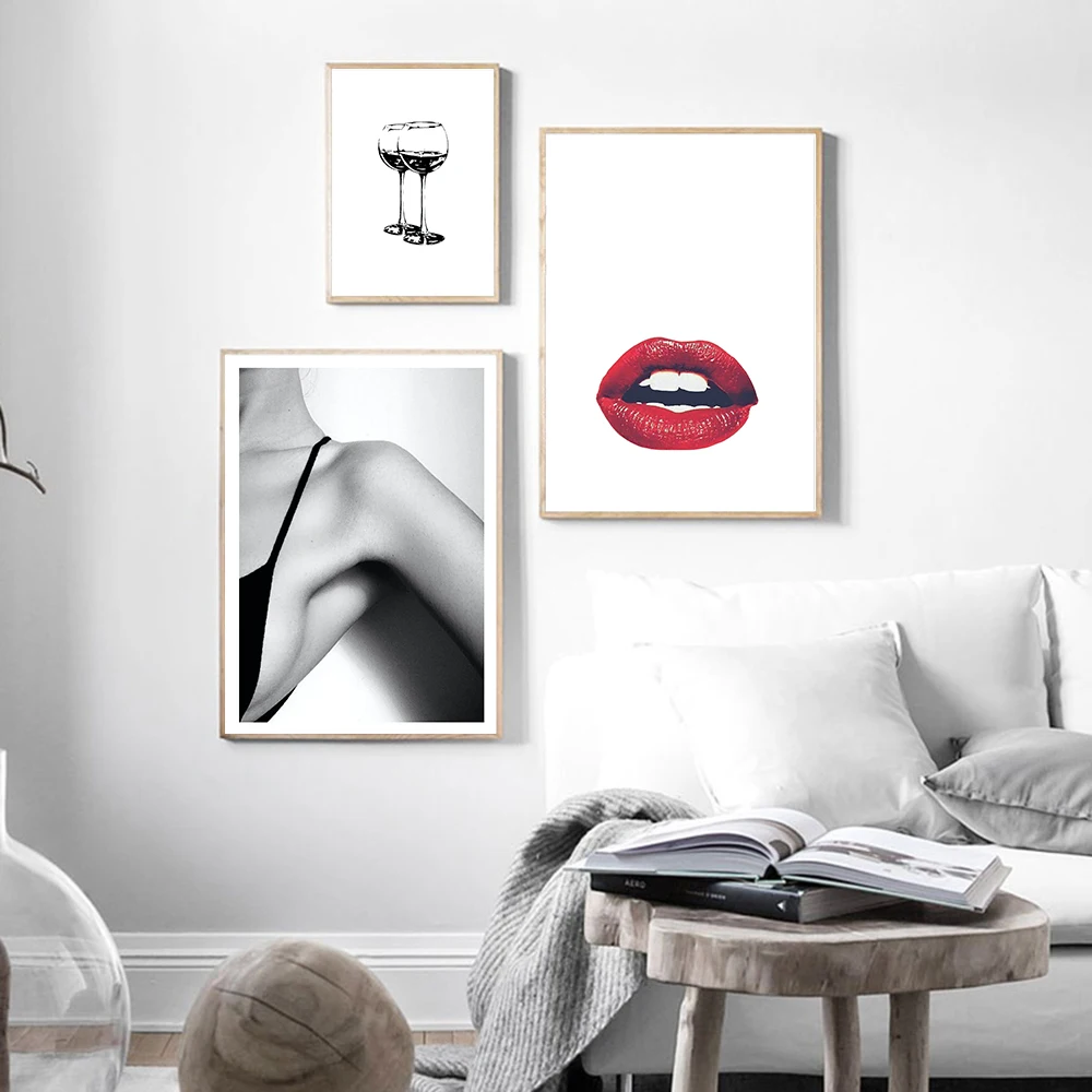 Fashion Woman Art Poster Pink Sexy Lips Canvas Print Wall Painting Cheers Black White Glasses Room Decoration Creative Picture