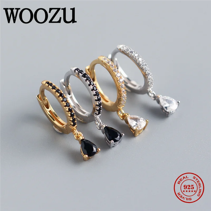 

WOOZU Trendy Luxury Genuine 925 Sterling Silver Black Zircon Classic Pendant Drop Earrings for Women Party Bohemian Jewelry Gift
