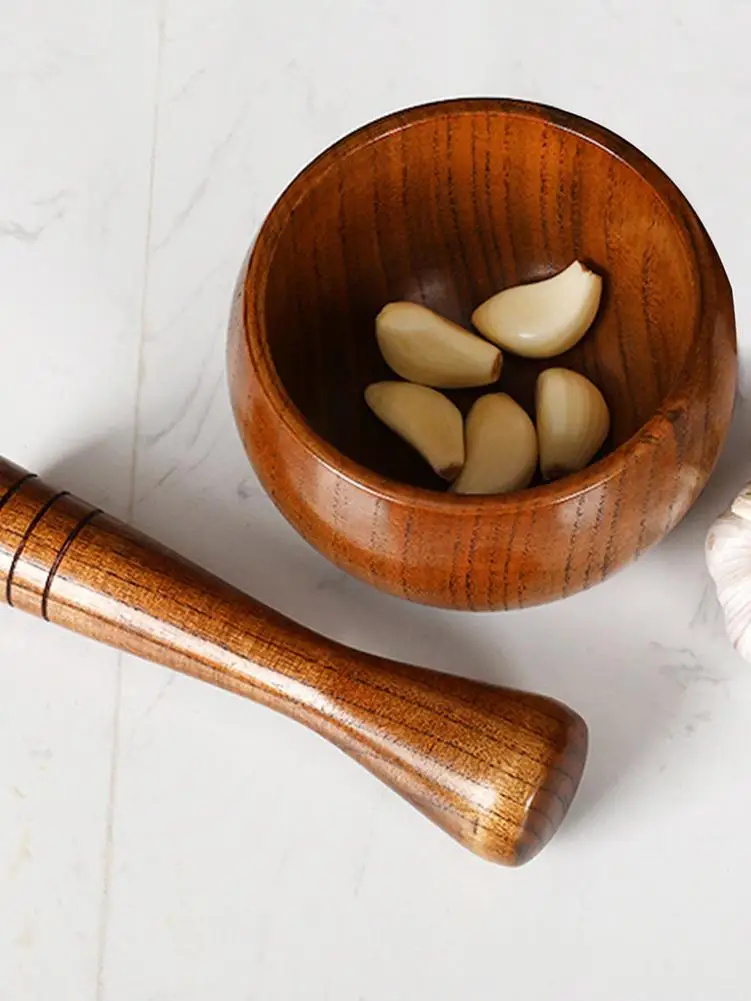 

Pounded Garlic Jar Mortar Old Fashion Wooden Grinder Round Smooth Hand Polished Pestle Set For Grind Herbs Spices Grains Pepper