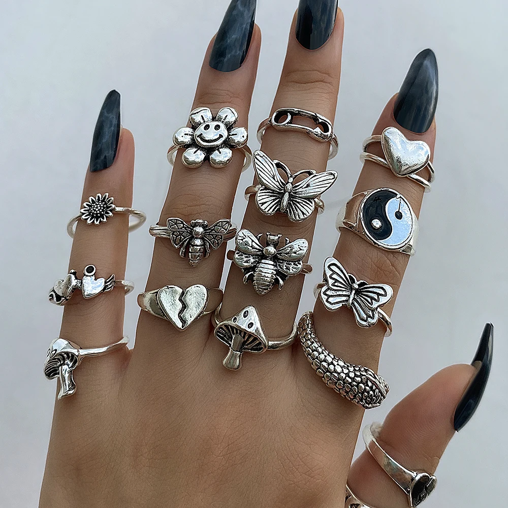 Punk Vintage Silver Color Poker Billiards Ring Set for Women Gothic Heart Anillos Hip Hop Y2k Korean Fashion Male Gift Jewelry