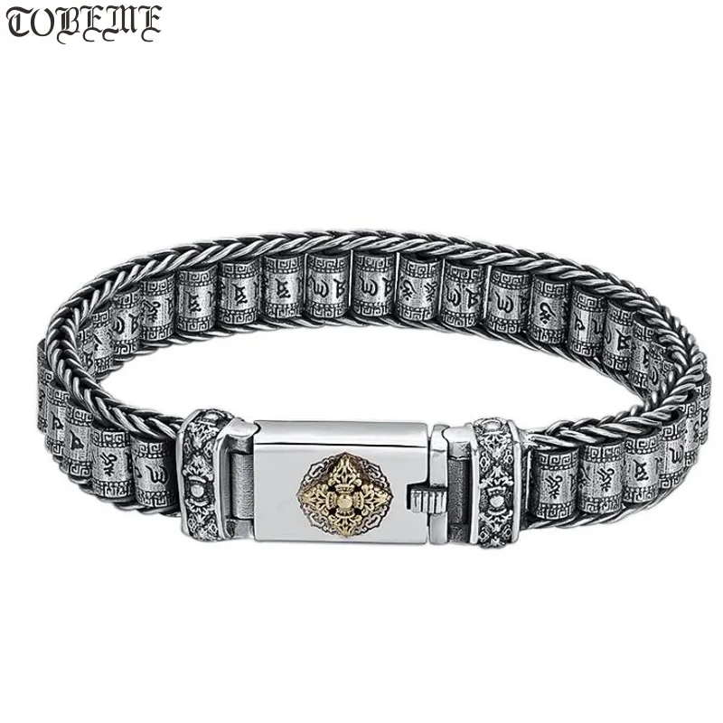 Handmade 925 Silver Tibetan Prayer-wheel Bracelet Tibetan Six Words Bracelet Vintage Sterling Silver Buddhist Vajra Bracelet