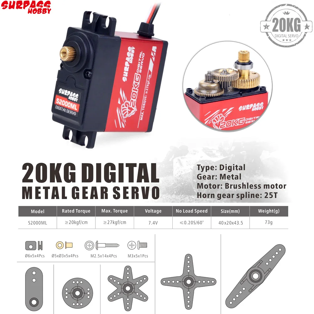 New SURPASS Hobby S2000ML 20KG Digital Metal Gear servo RC Car Servo for High-Speed RC Car Aircraft RC Boat Smart Robot RC Model