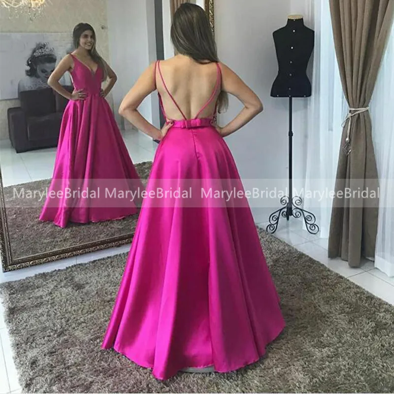 Cheapest Fuchsia Pink Prom Dress Spaghetti Straps Satin V-neck Floor Length A-line Formal Party Gowns Open Back vestidos de gala