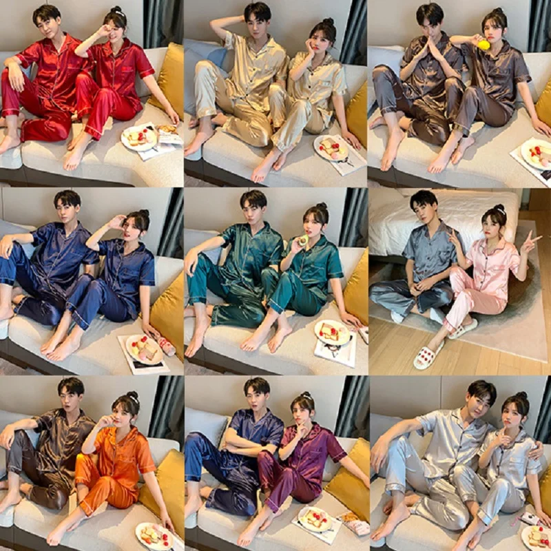 Spring Silk Satin Pajamas Couple Set Summer Short Sleeve Button-Down Sleepwear Women Men Solid Color Loungewear Plus Size Pj Set