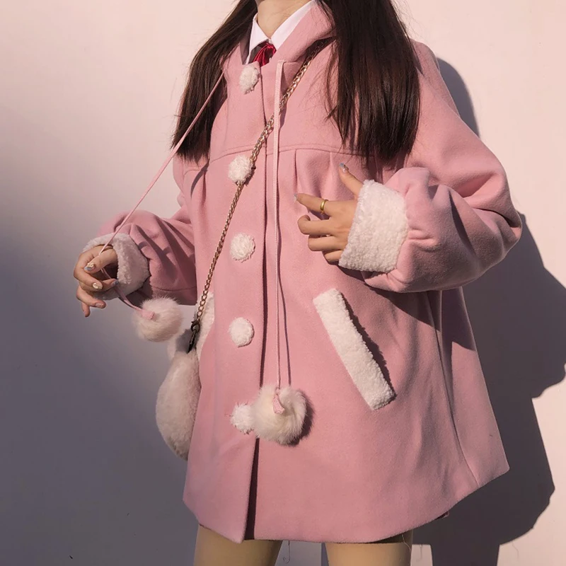 Japanese soft girl\'s lovely ears hooded loose cotton padded jacket for girls in autumn and winter 2019