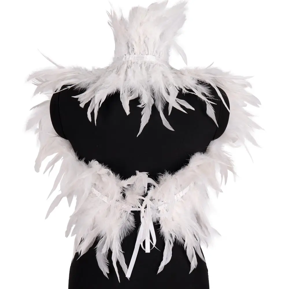 White Natural Feather Shrug Shawl Shoulder Cape Gothic Collar Plus Size Ties Cosplay Costume Party Body Cage Harness Bra Belt