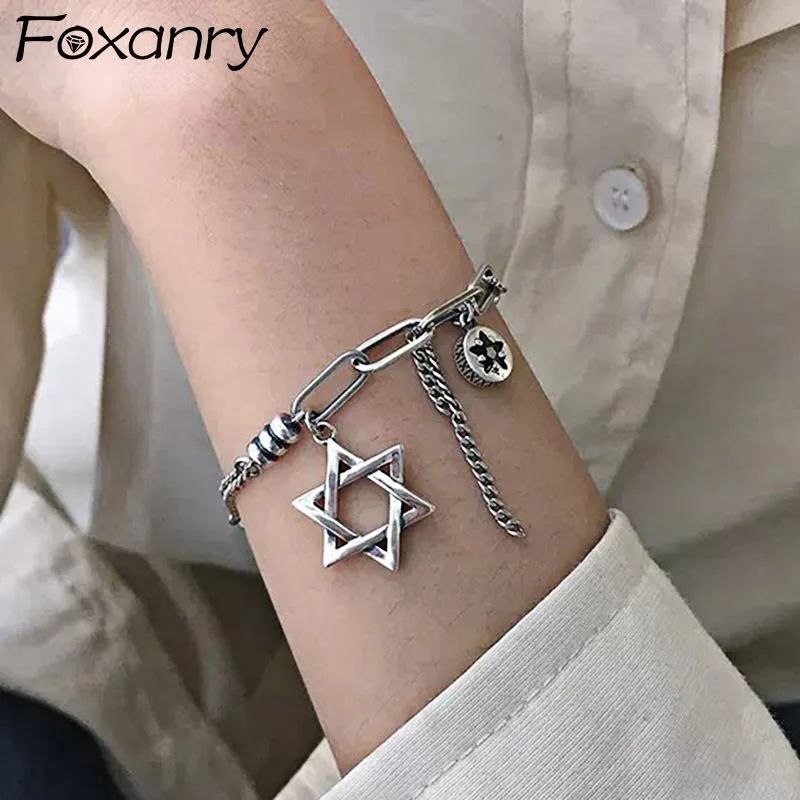 Foxanry INS Fashion Silver Color Thick Chain Bracelets for Women Thai Silver Trendy Vintage Stars Pendant Paert Jewelry