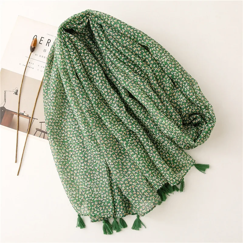 Ladies Fashion Green Polka Floral Tassel Viscose Shawl Scarf Travel Seaside Holiday Sunscreen Scarves Wrap Foulards Hijab Snood